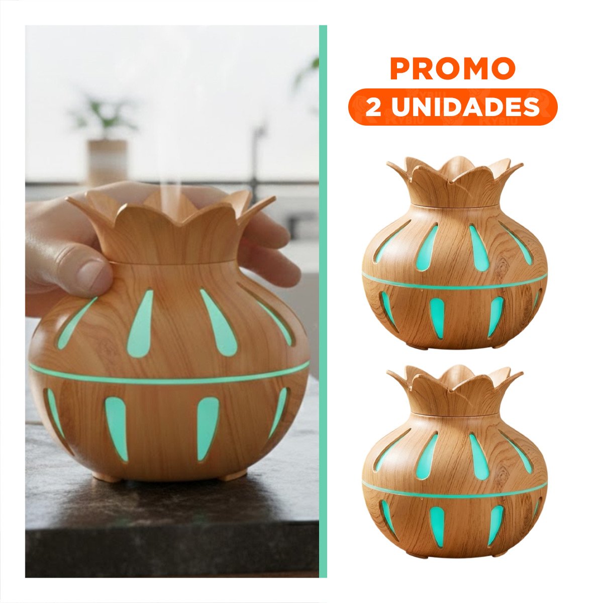 PACK2 HUMIFICADOR DE ESCRITORIO CON FORMA FLORAL Y COLOR MADERA CLARO DE 12X11 YREGALO STICKER - 1