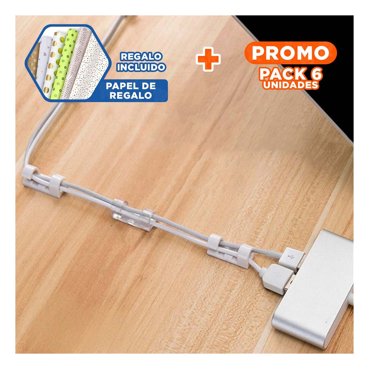 PACK6 SOPORTES ORGANIZADORES DE CABLES CON SET TRANSPARENTE 16 PIEZAS YPAPEL REGALO - 1