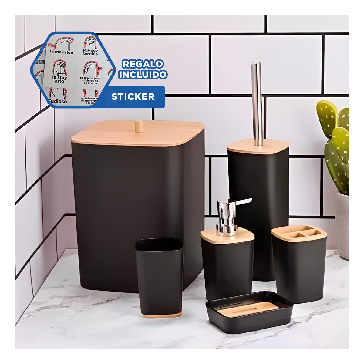 KIT ORGANIZADOR DE HIGIENE SET DE 6 PIEZAS NEGRO DISEÑO MODERNO VERSATIL YREGALO STICKER - 1