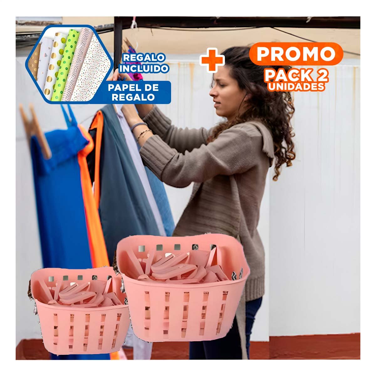 PACK2 CESTO DURABLE CUADRADO CON GANCHOS PARA ROPA ROSADO CLARO PARA DORMITORIO Y+PAPEL REGALO - 1