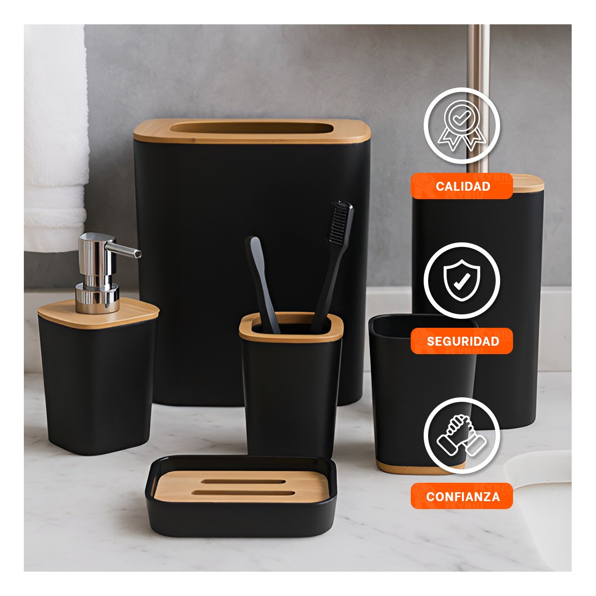 KIT ORGANIZADOR DE HIGIENE SET DE 6 PIEZAS NEGRO USO DIARIO COMODO Y+PAPEL REGALO - 3