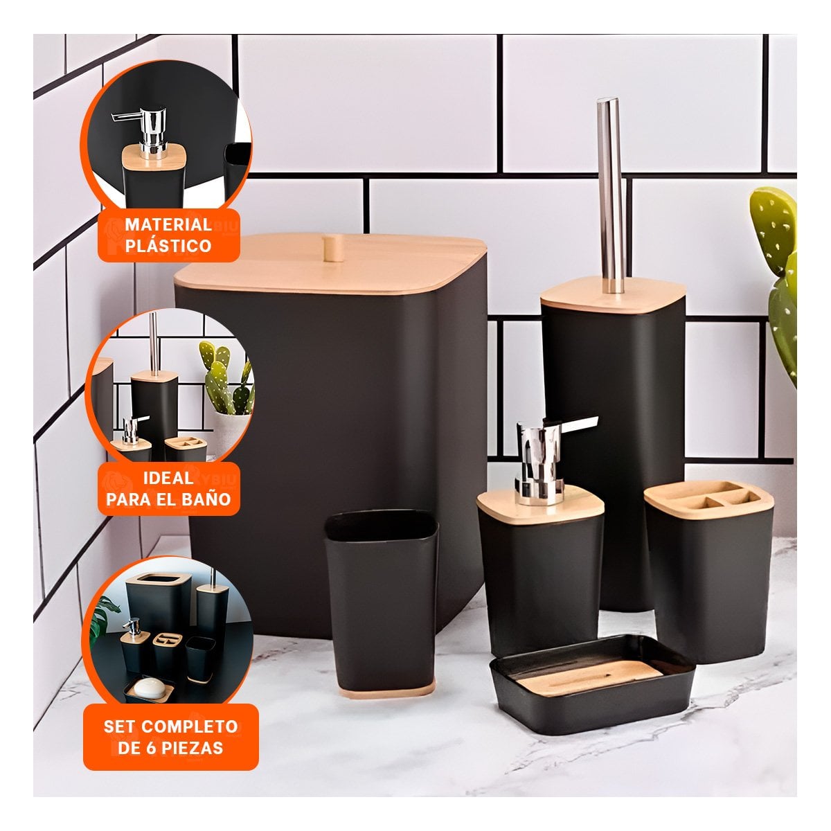KIT ORGANIZADOR DE HIGIENE SET DE 6 PIEZAS NEGRO USO DIARIO COMODO Y+PAPEL REGALO - 5