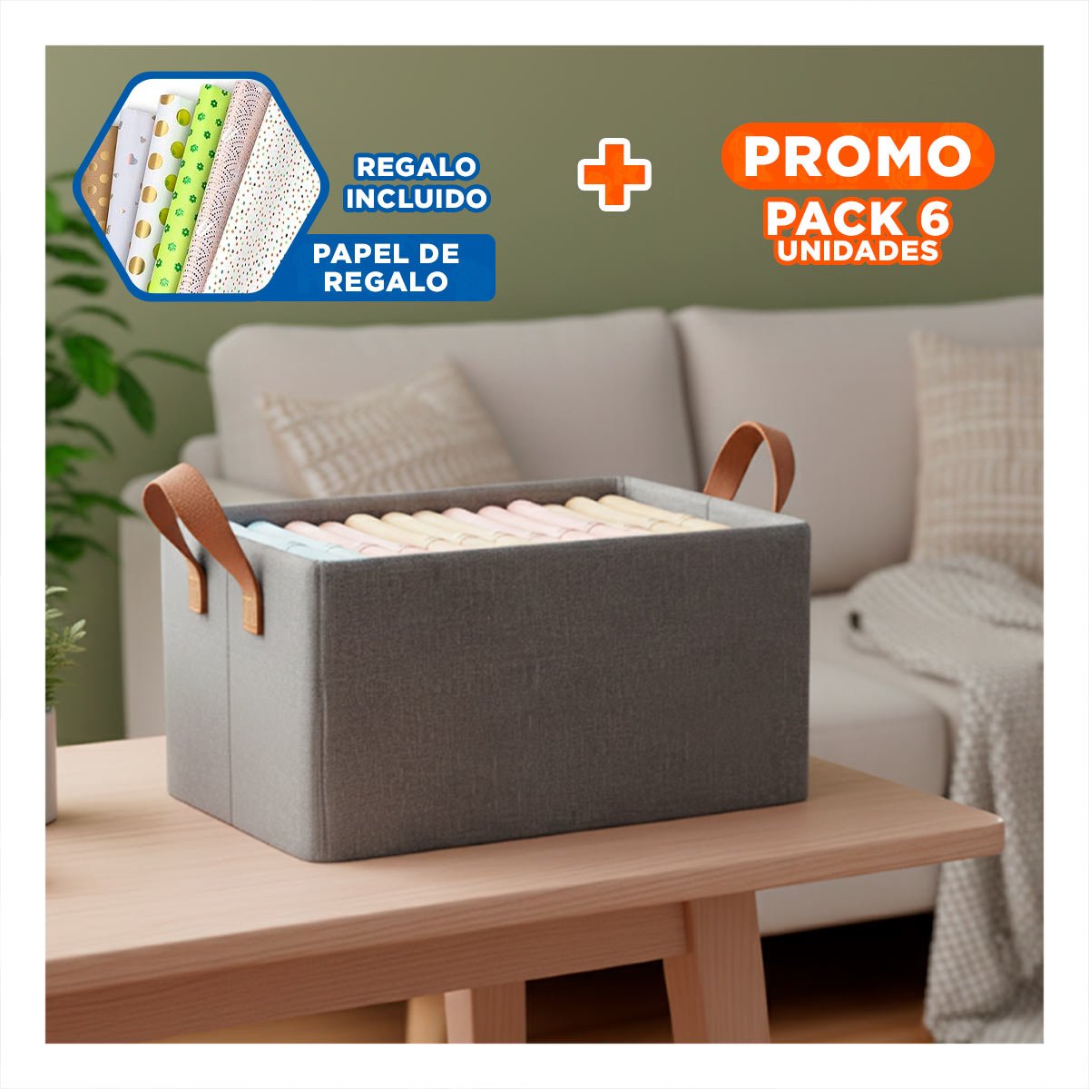 PACK6 BOLSA ORGANIZADORA DE TELA PARA OFICINA Y HOGAR PLOMO Y+PAPEL REGALO - 1