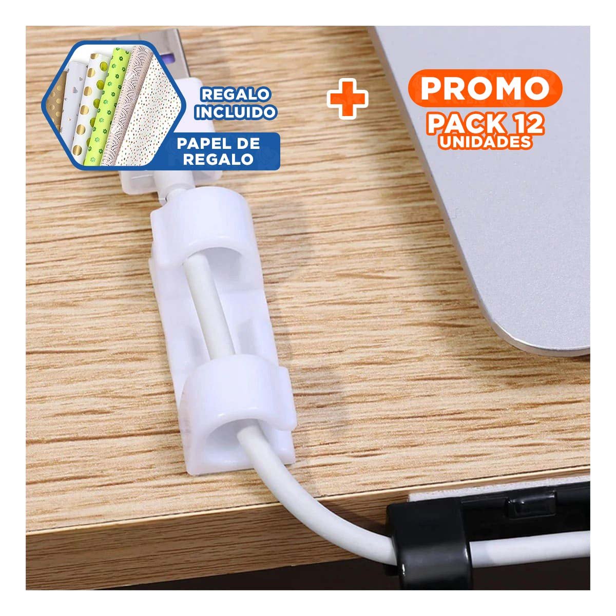 PACK12 FIJADORES ORGANIZADORES DE CABLES PARA OFICINA CON 16 PIEZAS COLOR BLANCO YPAPEL REGALO - 1
