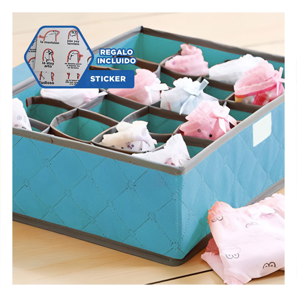 CAJA ORGANIZADORA PARA ROPA INTERIOR 24 DIVISIONES TAPA CELESTE HOGAR MAX Y+REGALO STICKER - 1