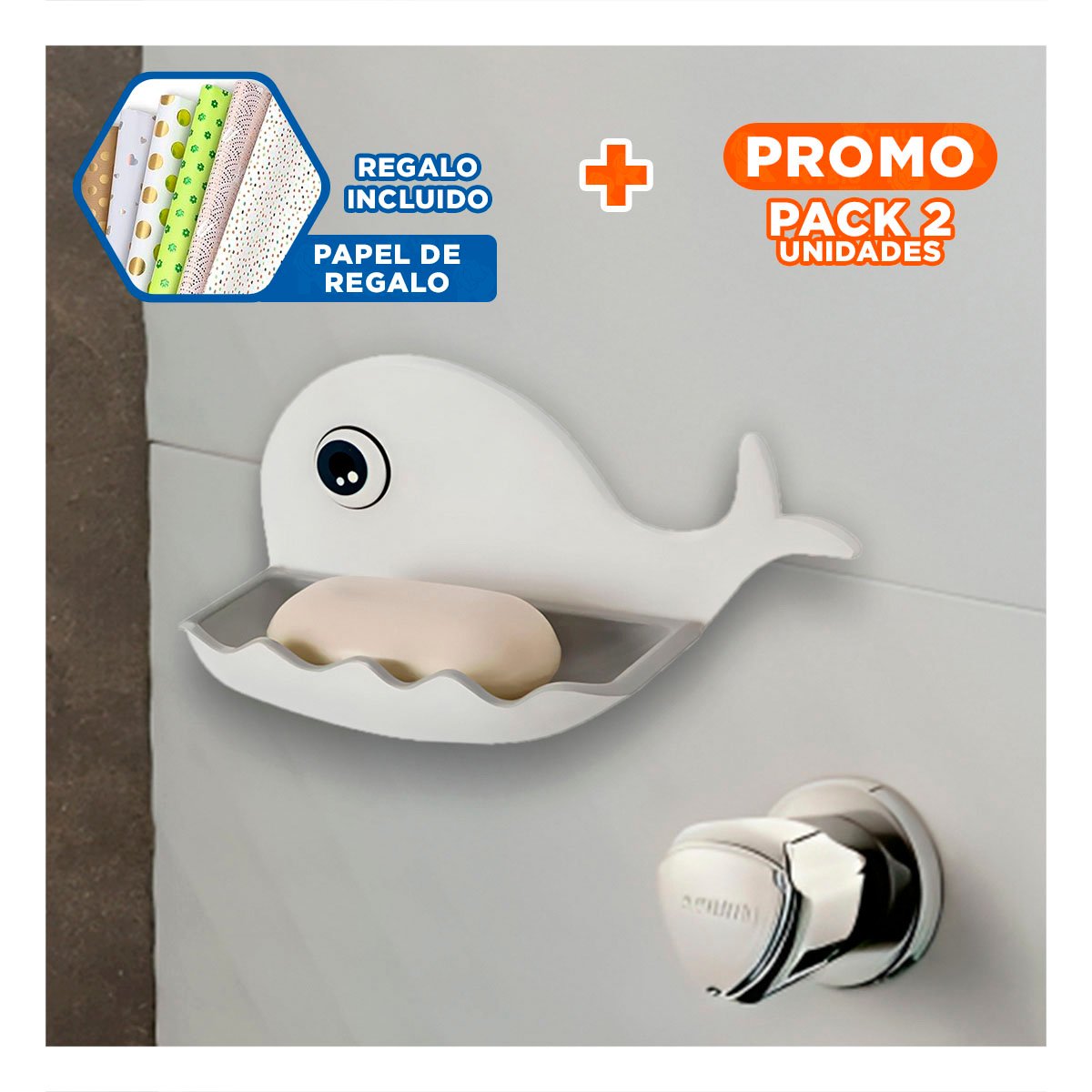 PACK2 PORTA JABON BALLENA PIEZA MODERNA PARA CASA TONOS BLANCO Y PLOMO YPAPEL REGALO - 1