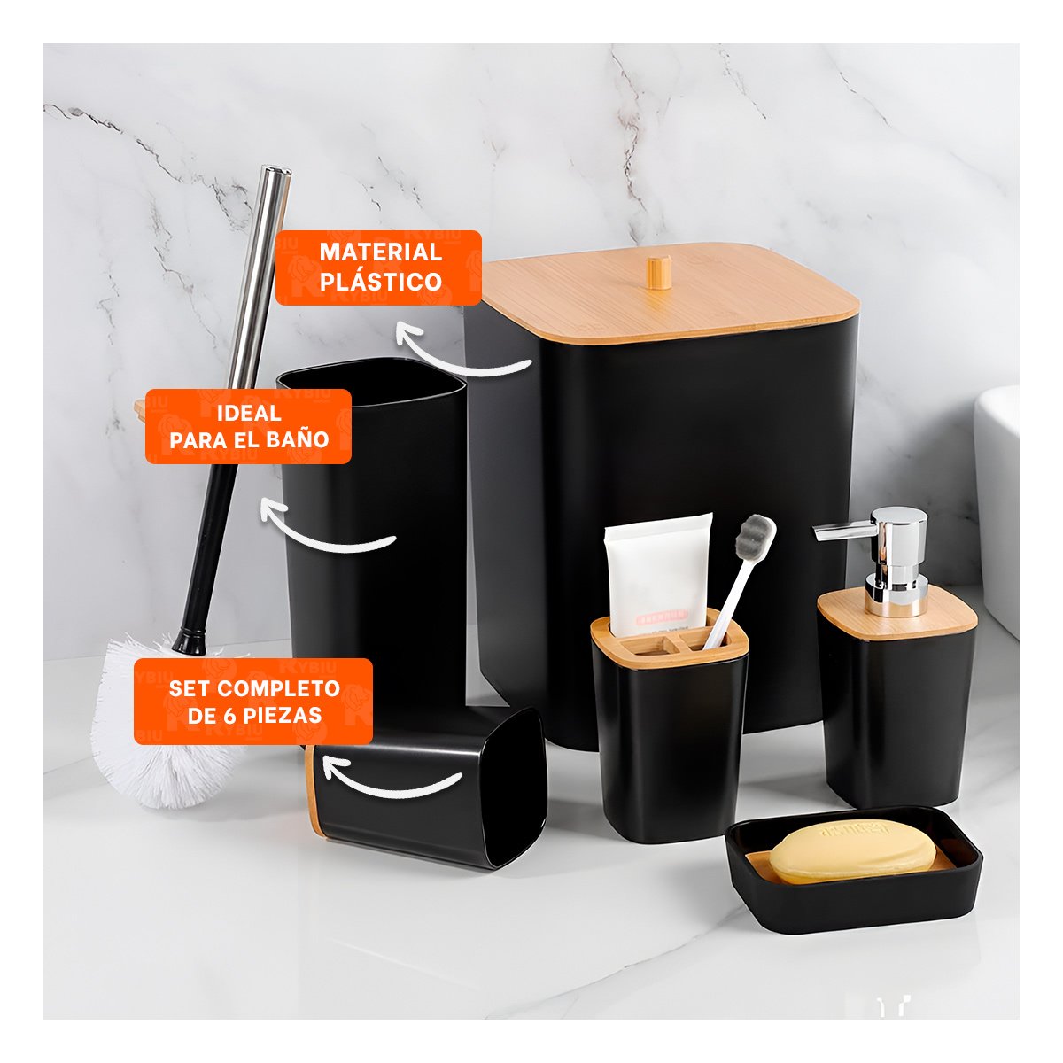 KIT ORGANIZADOR DE HIGIENE SET DE 6 PIEZAS NEGRO ACABADO FINO DURABLE Y+POST IT - 2