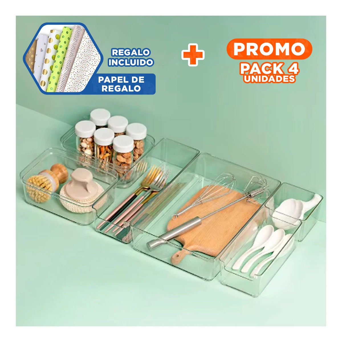PACK4 CONTENEDOR RECTANGULAR ACRILICO TRANSPARENTE PARA COCINA Y HOGAR Y+PAPEL REGALO - 1