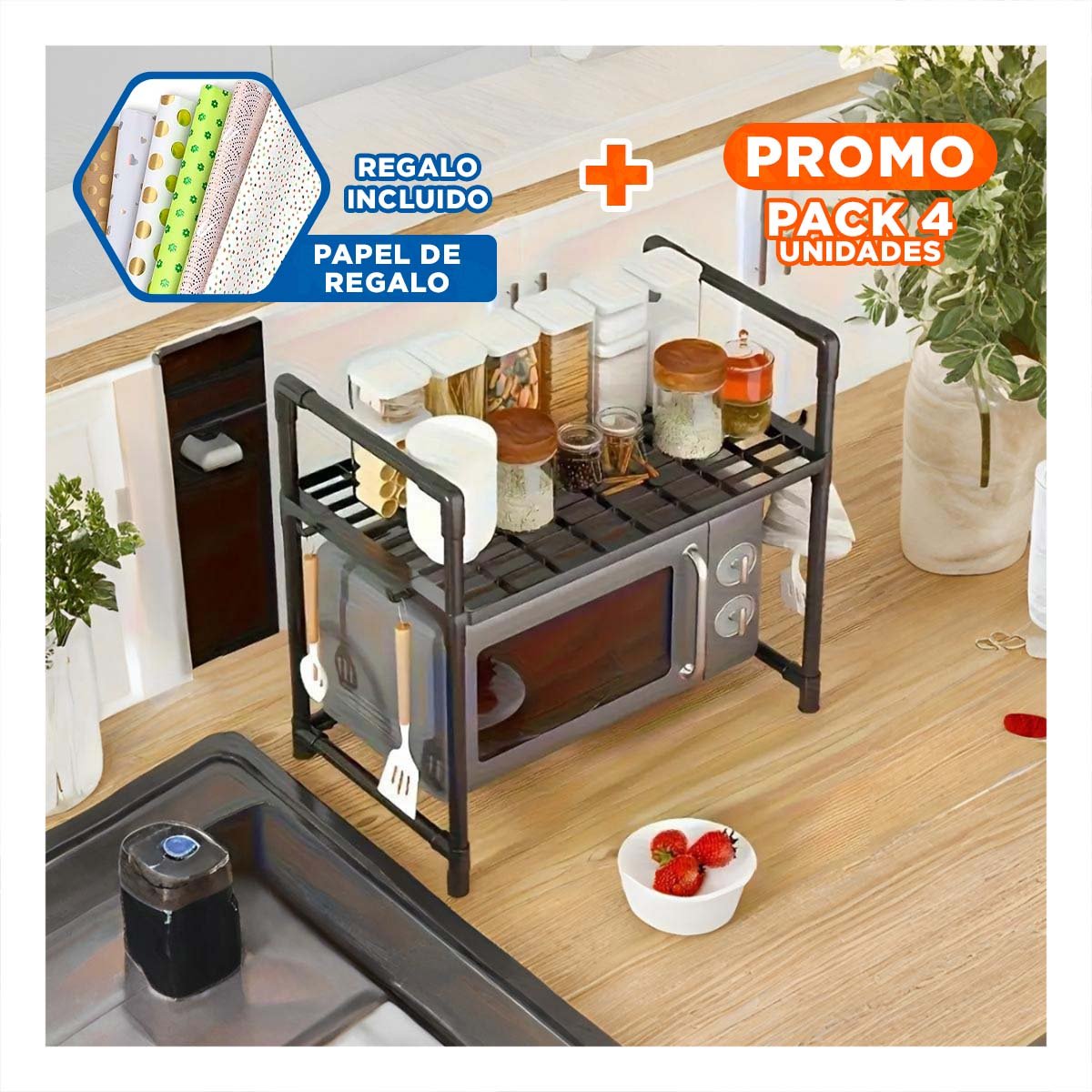 PACK4 GABINETE ORGANIZADOR DE MICROONDAS CON ASAS 48X26X49CM NEGRO COCINA PRO Y+PAPEL REGALO - 1