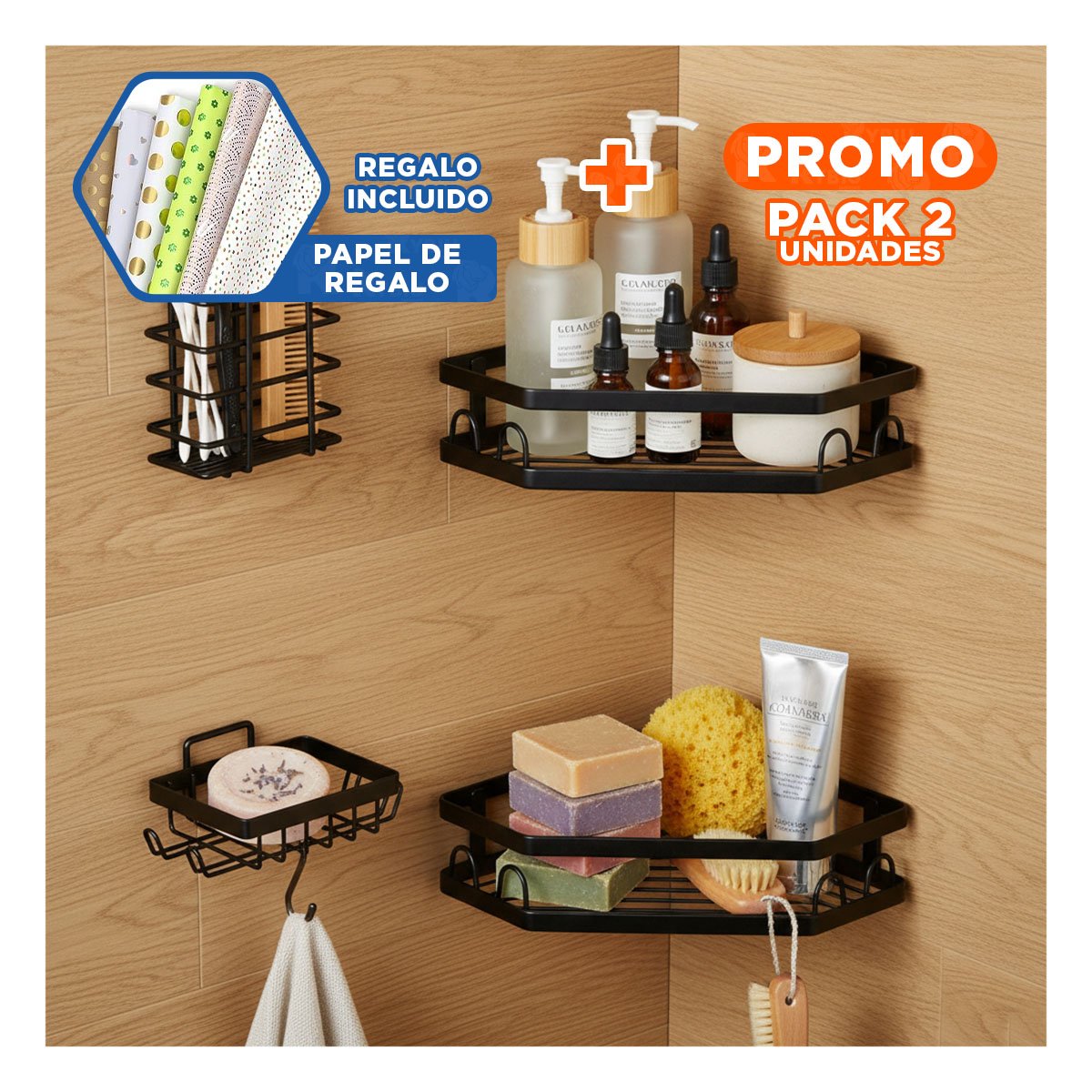 PACK2 RACK ESQUINERO VERTICAL 5 PIEZAS NEGRO DISENO COMPACTO FUNCIONAL Y+PAPEL REGALO - 1