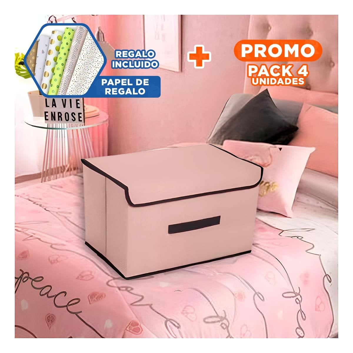PACK4 CANASTA DE TELA 36X24X23CM BEIGE CON BORDE MARRON PARA DORMITORIO Y+PAPEL REGALO - 1