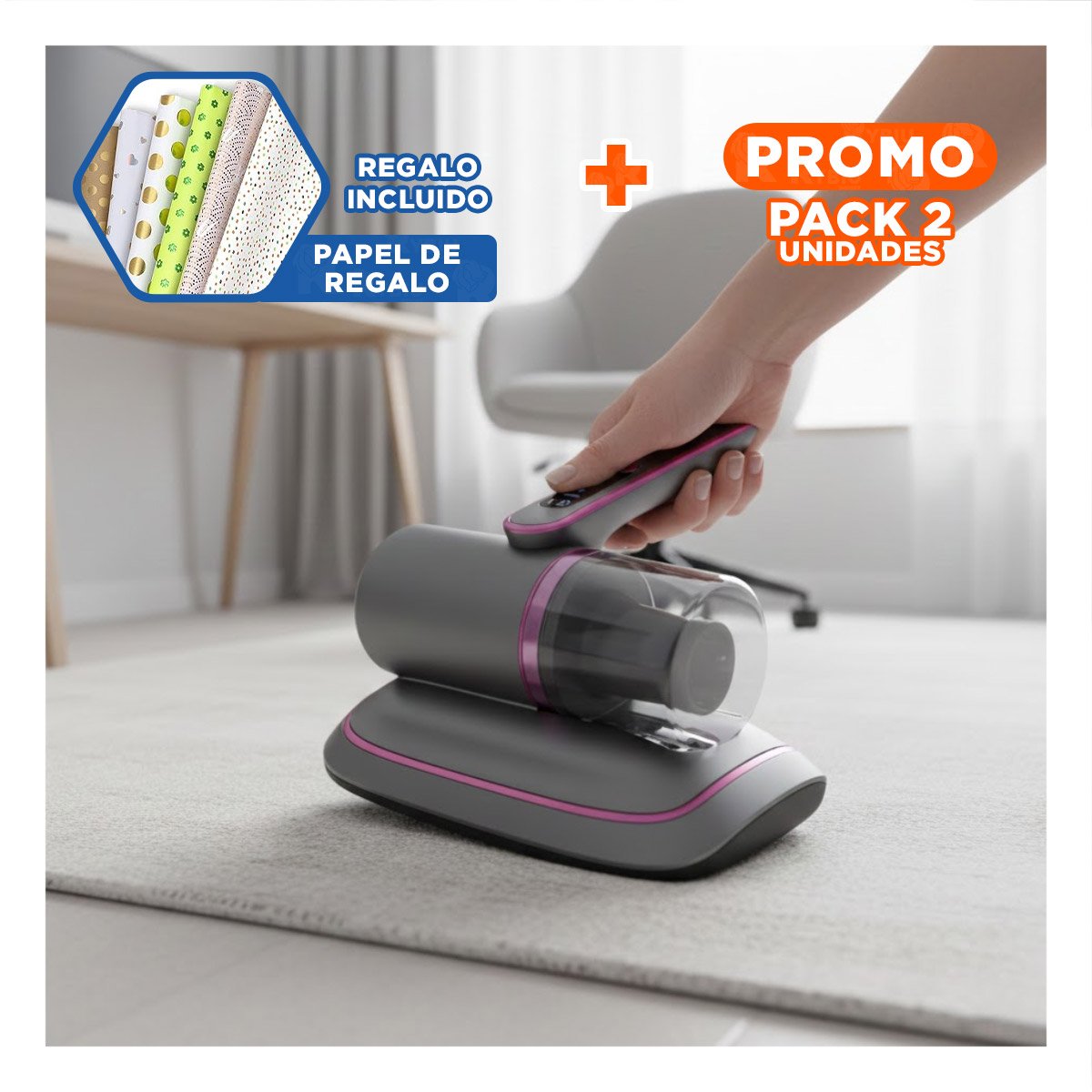 PACK2 HERRAMIENTA COMPACTA PARA ACAROS COLOR PLOMO Y FUCSIA PARA COLCHONES YPAPEL REGALO - 1