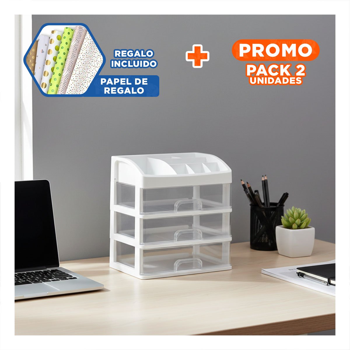 PACK2 ORGANIZADOR CON CAJONES INFERIORES Y TECHO DIVIDIDO ROSADO Y+PAPEL REGALO - 1