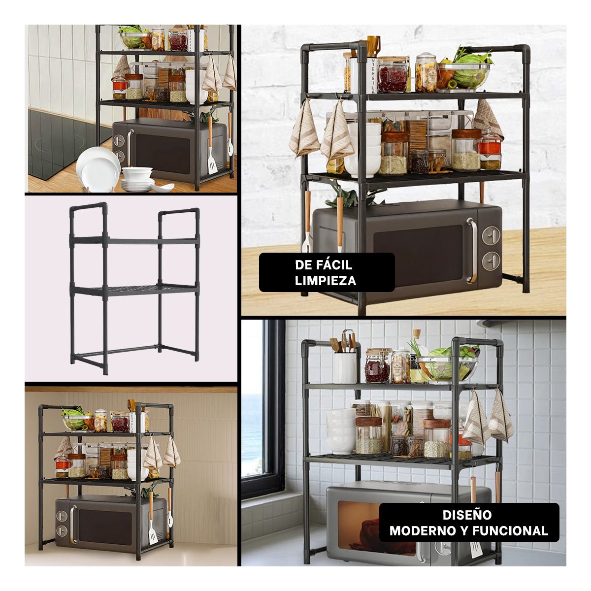 MUEBLE METALICO ORGANIZADOR MICROONDAS 2 NIVELES CON ASAS NEGRO COMPACTO Y+LIGAS REGALO - 5