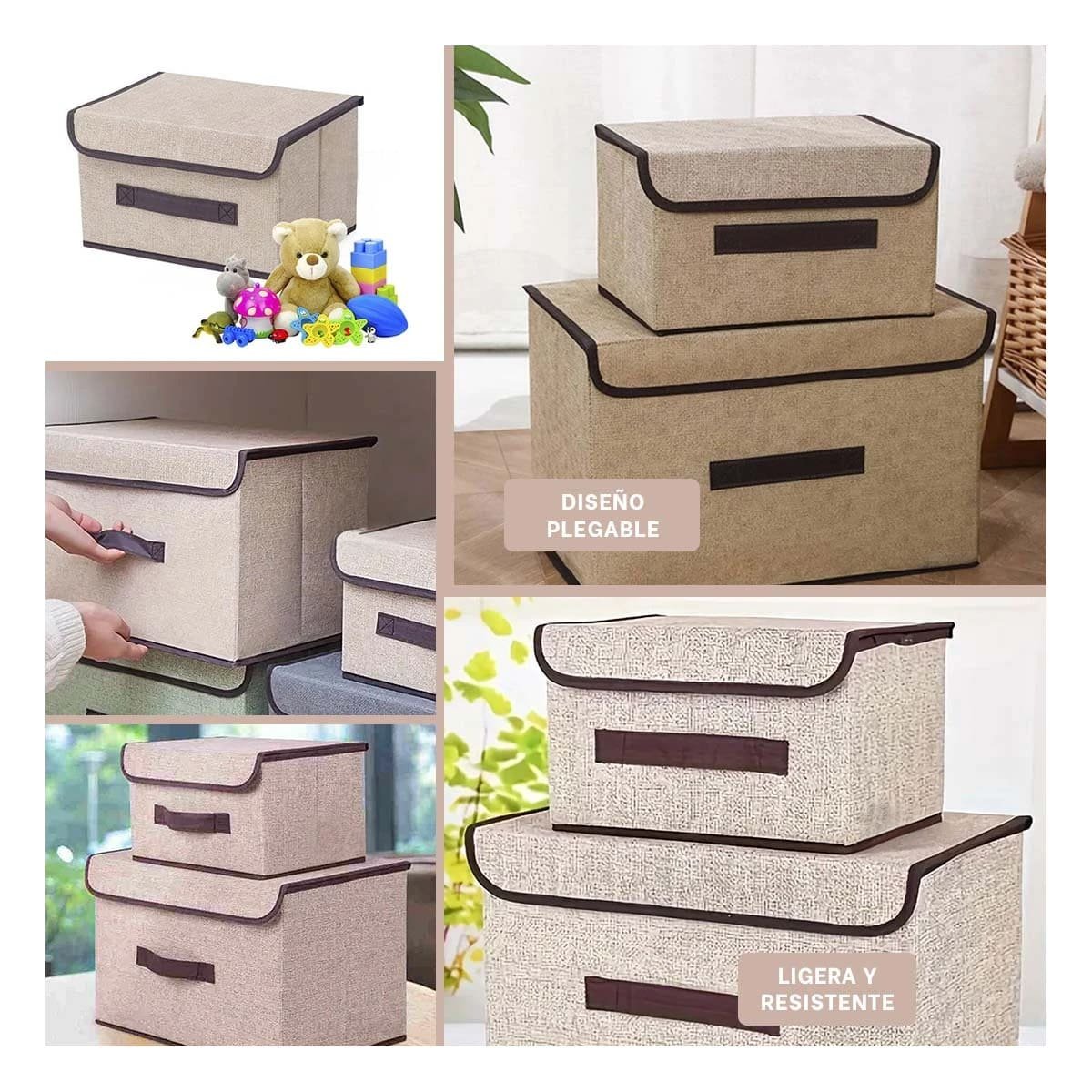 PACK4 CANASTA MULTIUSO DE TELA 25X19X16CM BEIGE CON BORDE MARRON PARA SALA Y+REGALO STICKER - 2
