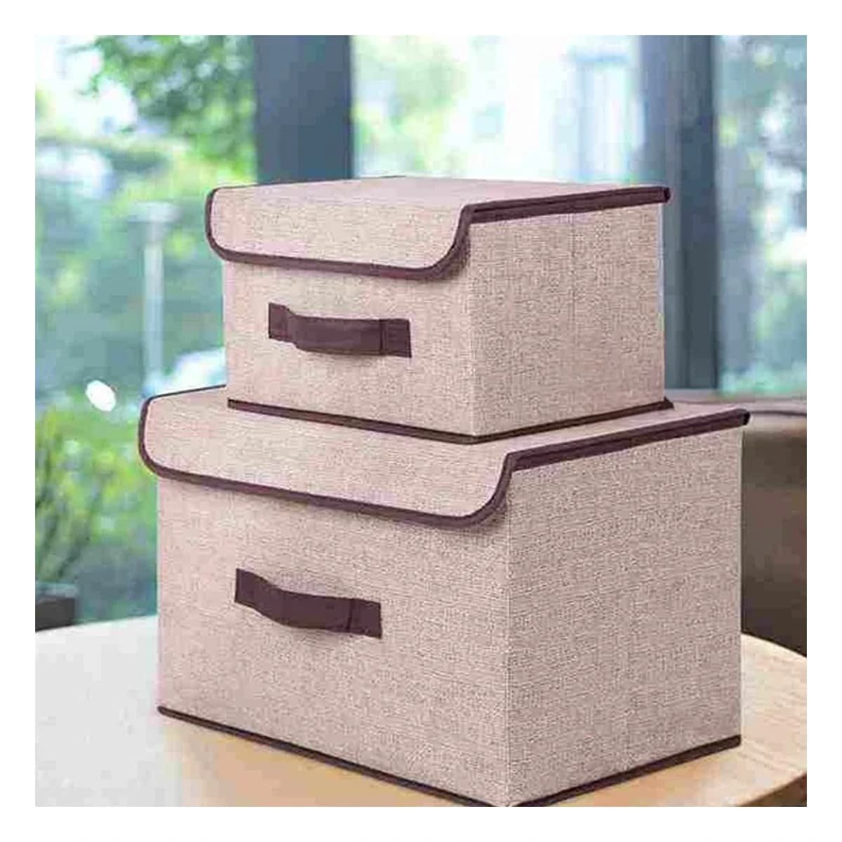 PACK4 CANASTA MULTIUSO DE TELA 25X19X16CM BEIGE CON BORDE MARRON PARA SALA Y+REGALO STICKER - 3