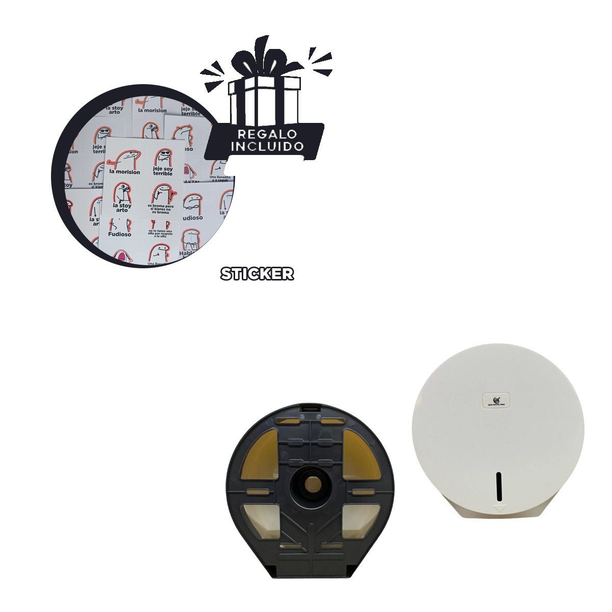 DOSIFICADOR JUMBO DE PAPEL HIGIENICO MODELO GOTA RESISTENTE BLANCO PLUS YREGALO STICKER - 1