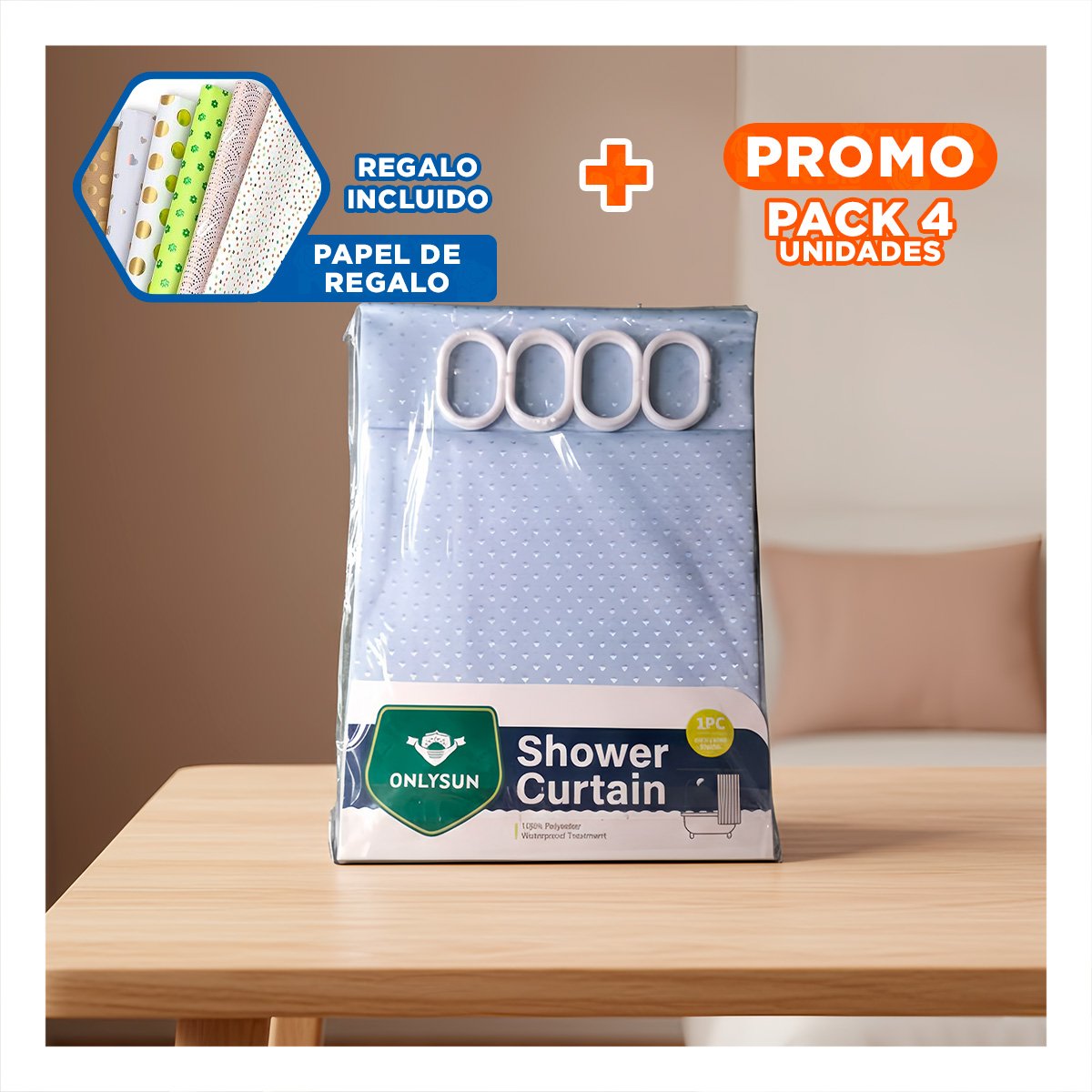 PACK4 CORTINA FUNCIONAL PARA DUCHA CON PATRON TRIANGULOS Y COLOR CELESTE 180X180 YPAPEL REGALO - 1