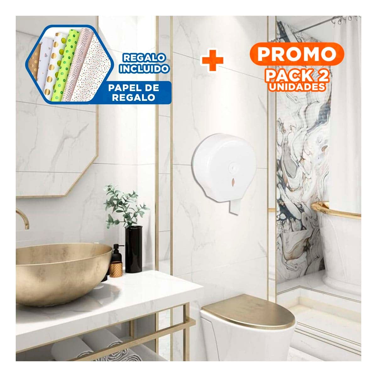 PACK2 CONTENEDOR MODERNO DE PAPEL HIGIENICO JUMBO PARA BANOS DE HOGAR Y+PAPEL REGALO - 1