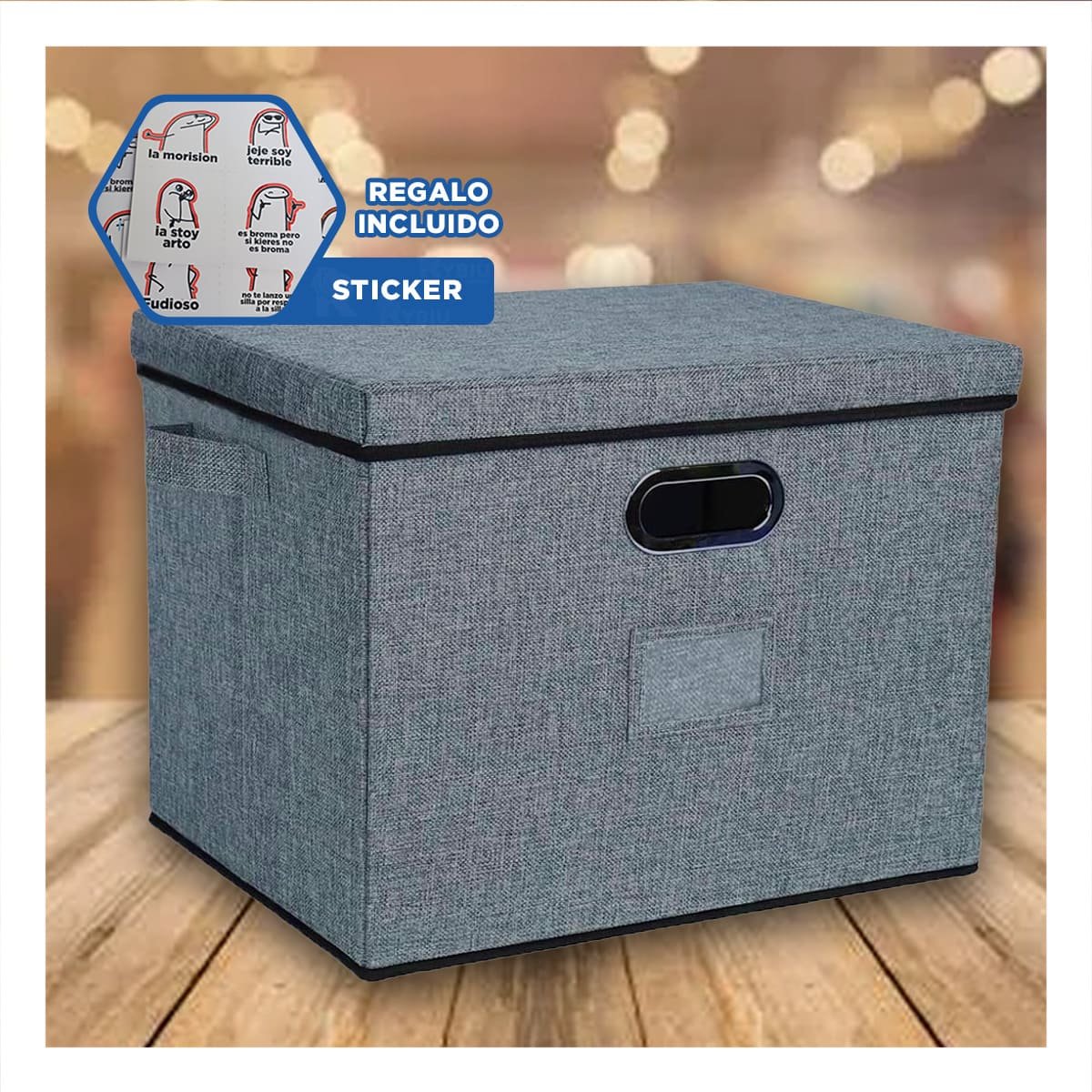 CONTENEDOR ORGANIZADOR CON TAPA 40X32X26CM CELESTE JASPEADO USO DIARIO YREGALO STICKER - 1