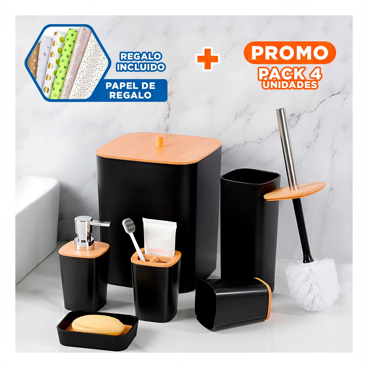 PACK4 CONJUNTO ORGANIZADOR DE HIGIENE SET DE 6 PIEZAS NEGRO ACABADO DURABLE YPAPEL REGALO - 1