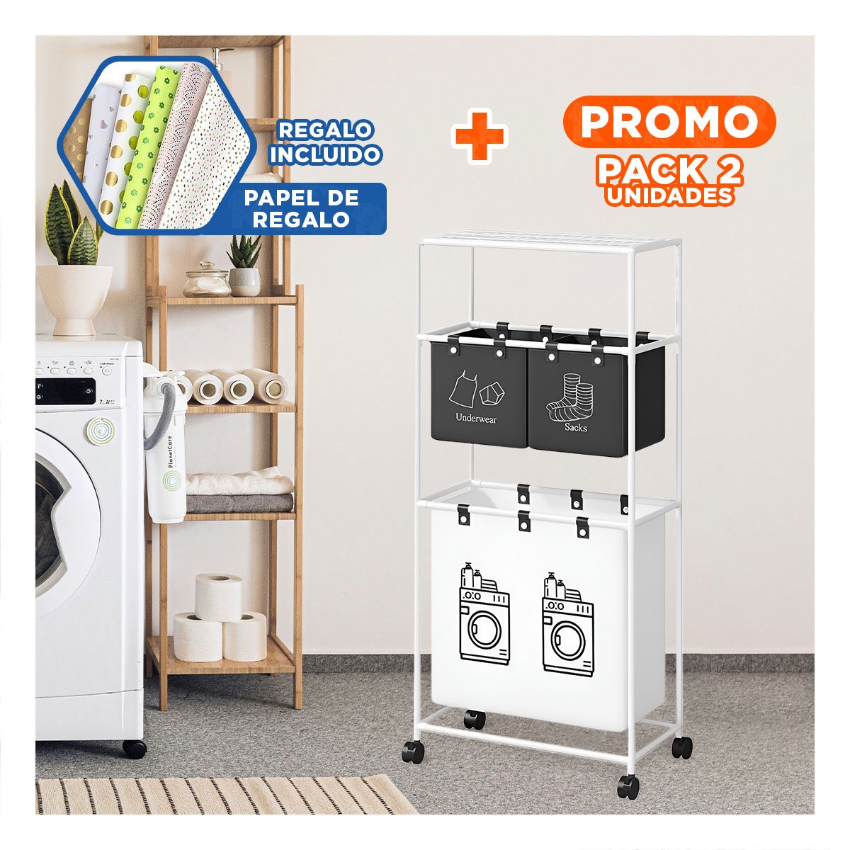 PACK2 MODULO ROPA SUCIA 3 NIVELES DISENO FUNCIONAL CON 3 CESTOS NEGRO BLANCO Y+PAPEL REGALO - 1