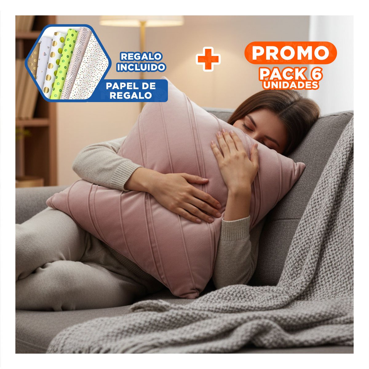 PACK6 PROTECTOR PARA ALMOHADA CON ENFOQUE VISUAL EN TERCIOPELO ROSADO CLARO Y+PAPEL REGALO - 1