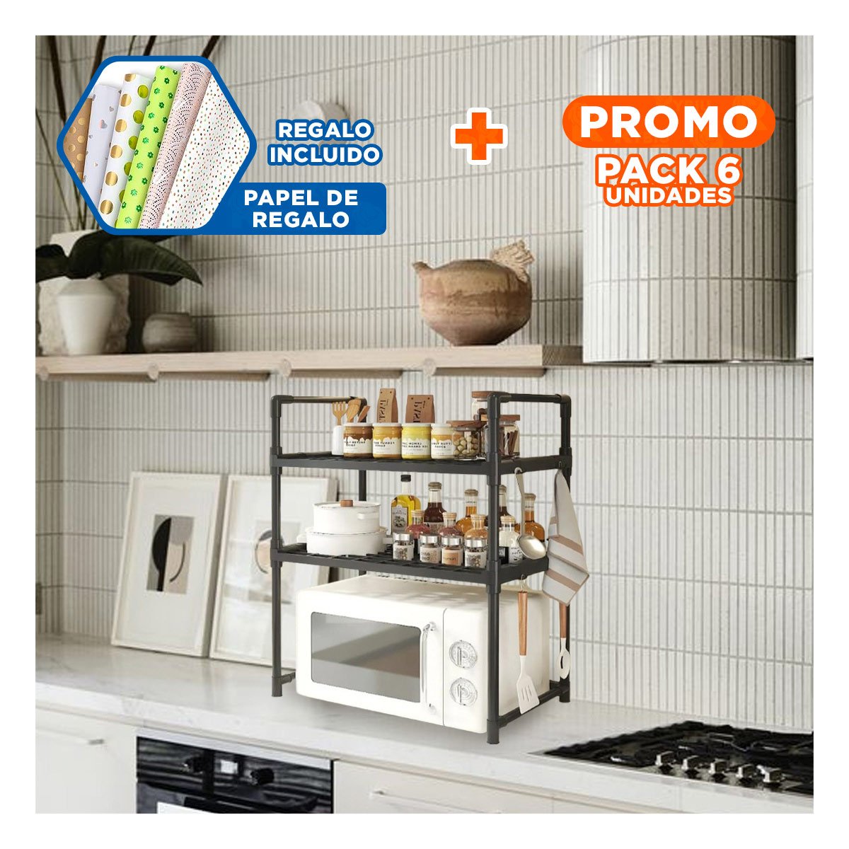 PACK6 REPISA COMPACTO ORGANIZADOR MICROONDAS 2 NIVELES CON ASAS NEGRO FIRME Y+PAPEL REGALO - 1