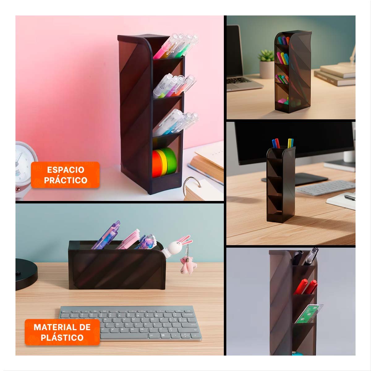 SOPORTE INCLINADO NEGRO CON CUATRO ESPACIOS PARA ESCRITORIO DE DIMENSIÓN 20,5X5X9CM - 5
