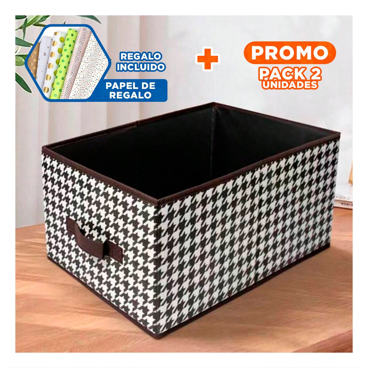 PACK2 ALMACENADOR DE TELA CON TAPA 40X28X20CM MARRON PATA DE GALLO Y+PAPEL REGALO - 1