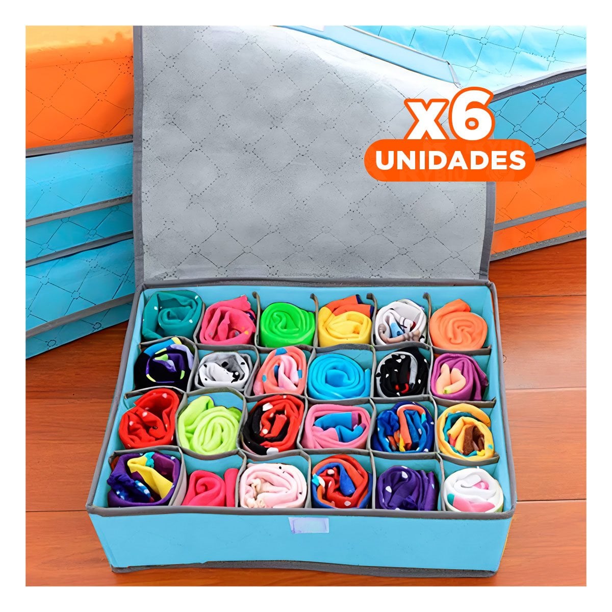 PACK6 ESTUCHE TEXTIL PARA ROPA INTERIOR 24 DIVISIONES CON TAPA CELESTE PLUS Y+REGALO STICKER - 1