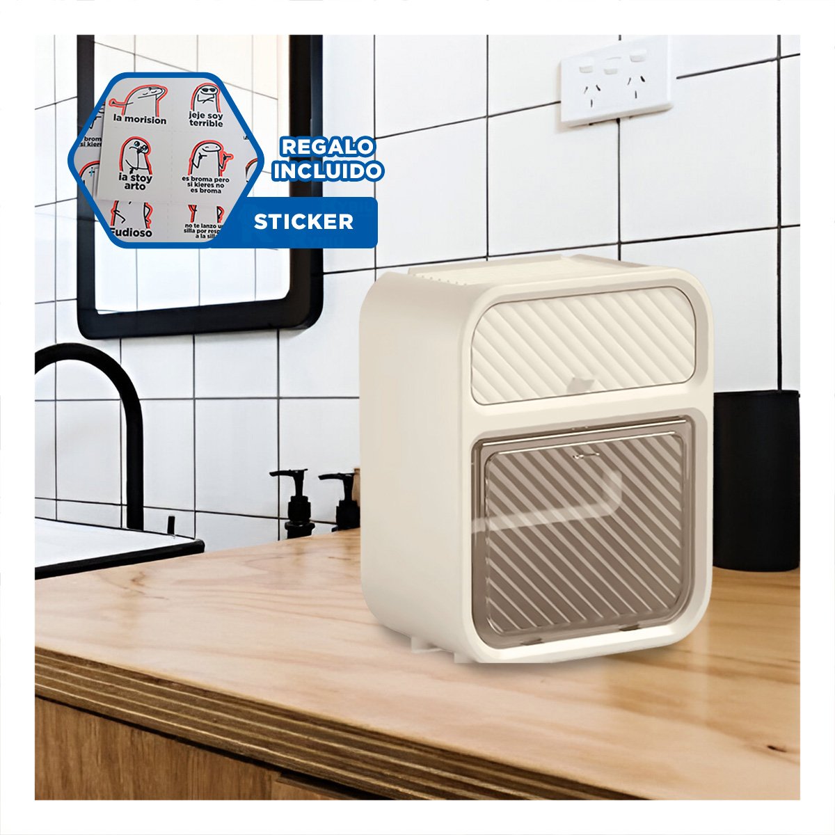 CONTENEDOR DISPENSADOR PAPEL HIGIENICO CON CAJON TONO BEIGE MODERNO PRO YREGALO STICKER - 1