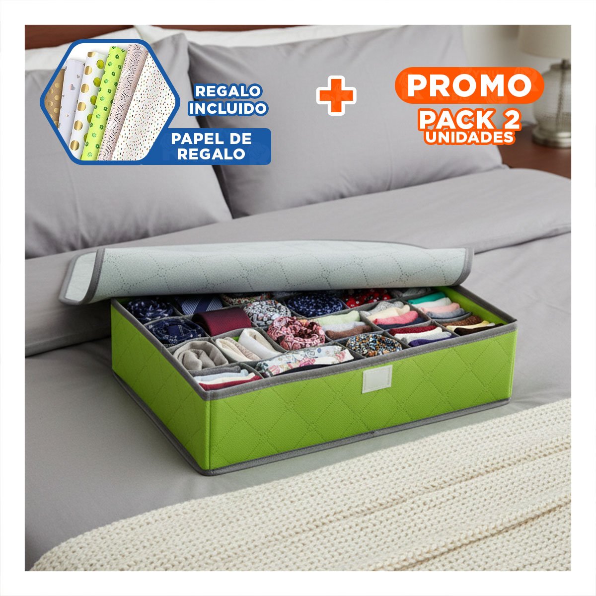 PACK2 CAJA TEXTIL DE ROPA INTERIOR 24 DIVISIONES VERDE ORDEN HOGAR MAX Y+PAPEL REGALO - 1