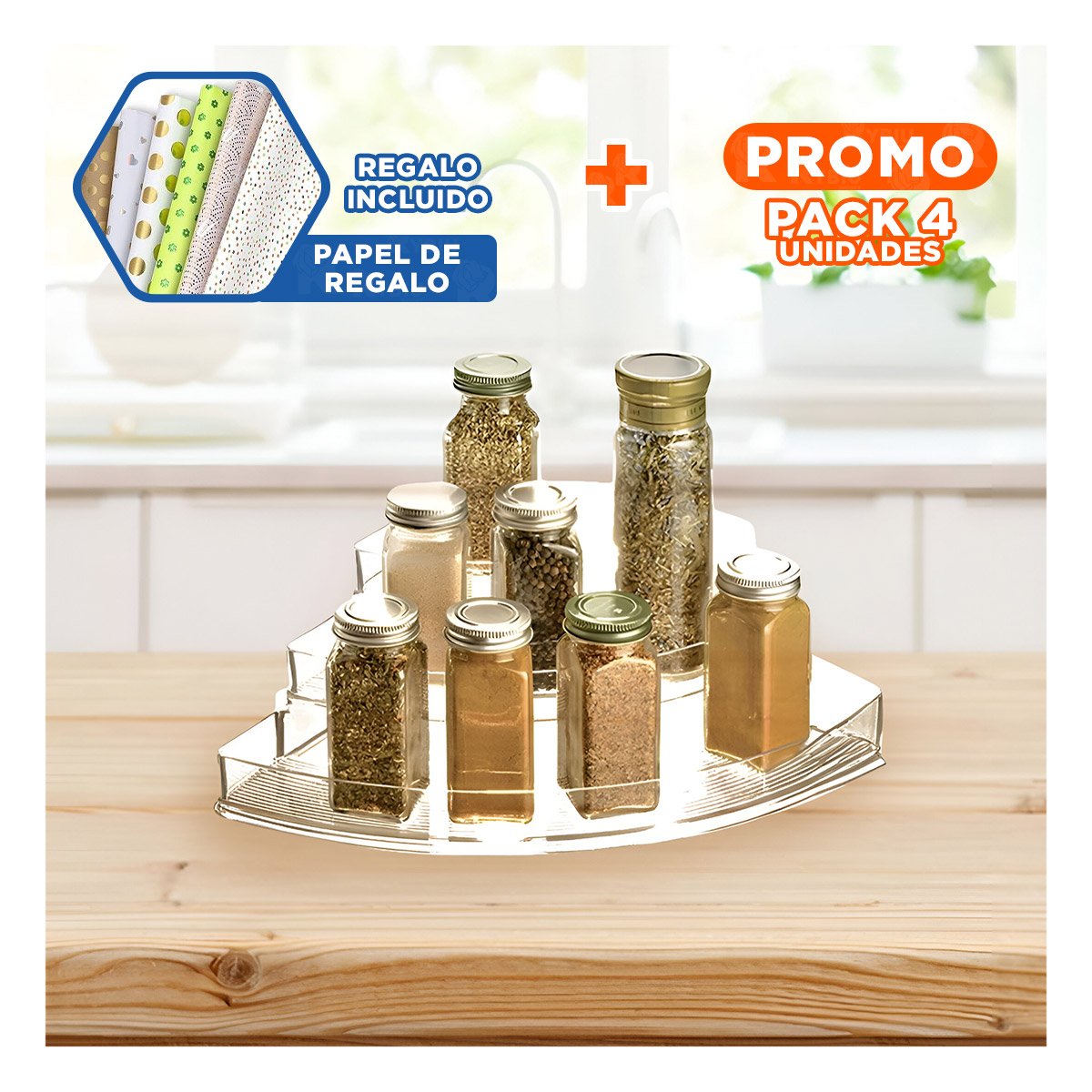 PACK4 ALMACENAJE DE ACRILICO TRANSPARENTE 3 NIVELES PARA SALA Y COCINA Y+PAPEL REGALO - 1