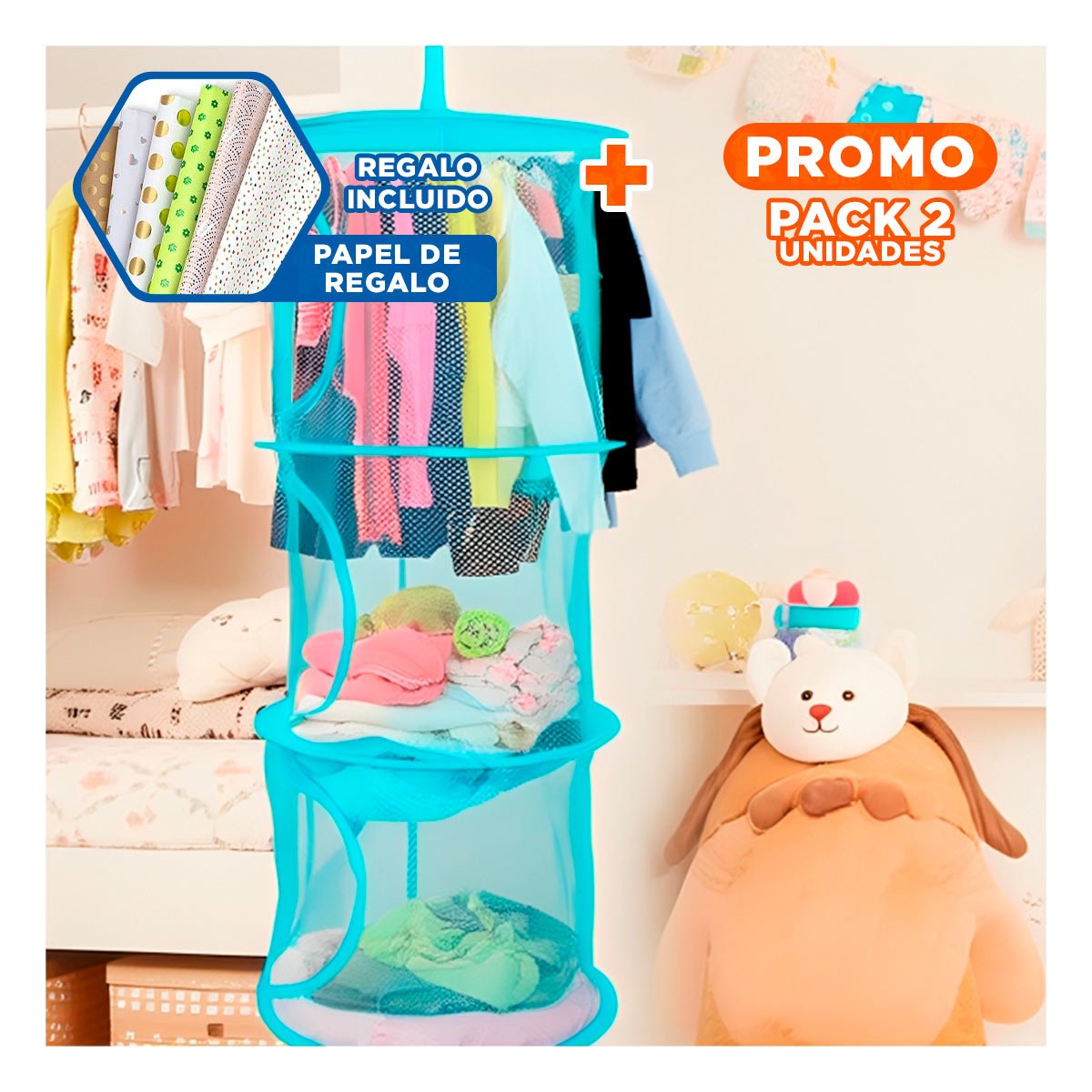 PACK2 SISTEMA COLGANTE TIPO RED 3 NIVELES CELESTE FUNCIONAL ALMACENAMIENTO Y+PAPEL REGALO - 1