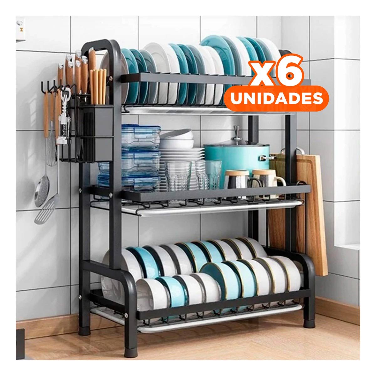 PACK6 SOPORTE DE SECADO PARA PLATOS CON BANDEJAS NEGRO Y+REGALO STICKER - 1