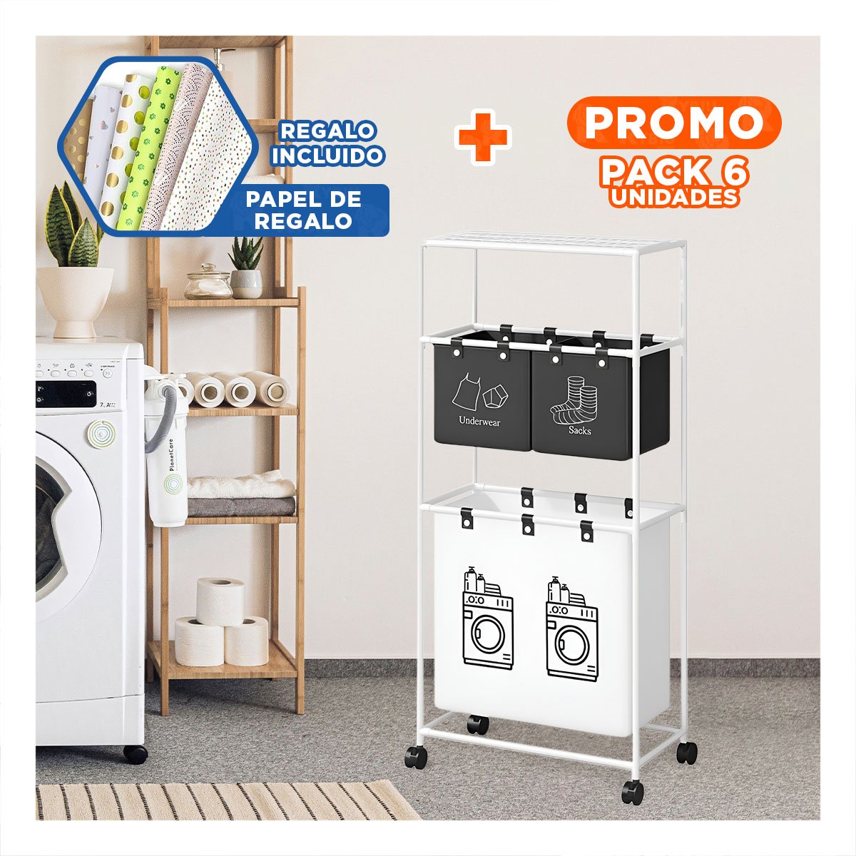 PACK6 SOPORTE ROPA SUCIA 3 NIVELES ESTRUCTURA PRACTICA CON 3 CESTOS NEGRO BLANCO Y+PAPEL REGALO - 1