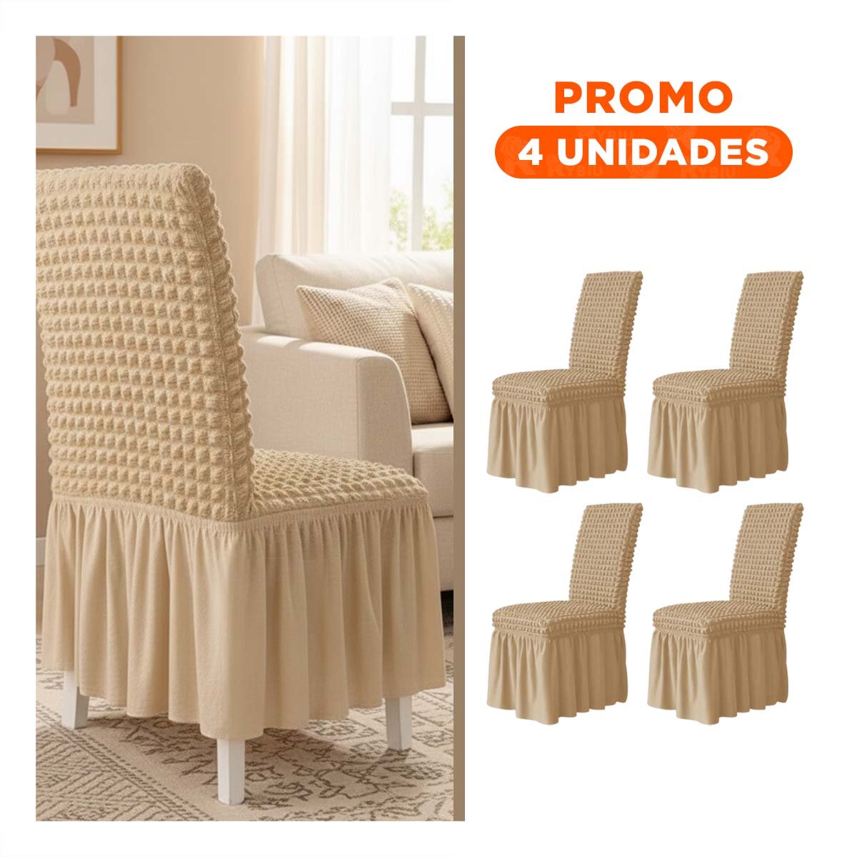 PACK4 FORRO PARA SILLA COLOR MARRON CLARO ELASTICA CON PATRON CUADRADO Y+REGALO STICKER - 1