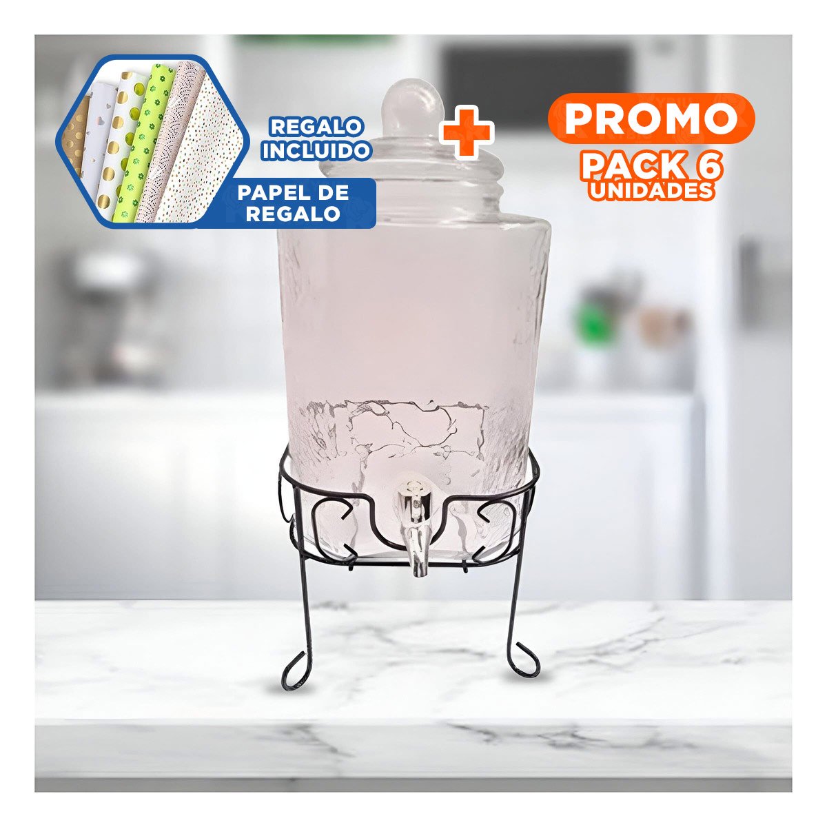 PACK6 SOPORTE DE BEBIDA TRANSPARENTE 6L CON BASE METALICA PARA HOGAR Y+PAPEL REGALO - 1
