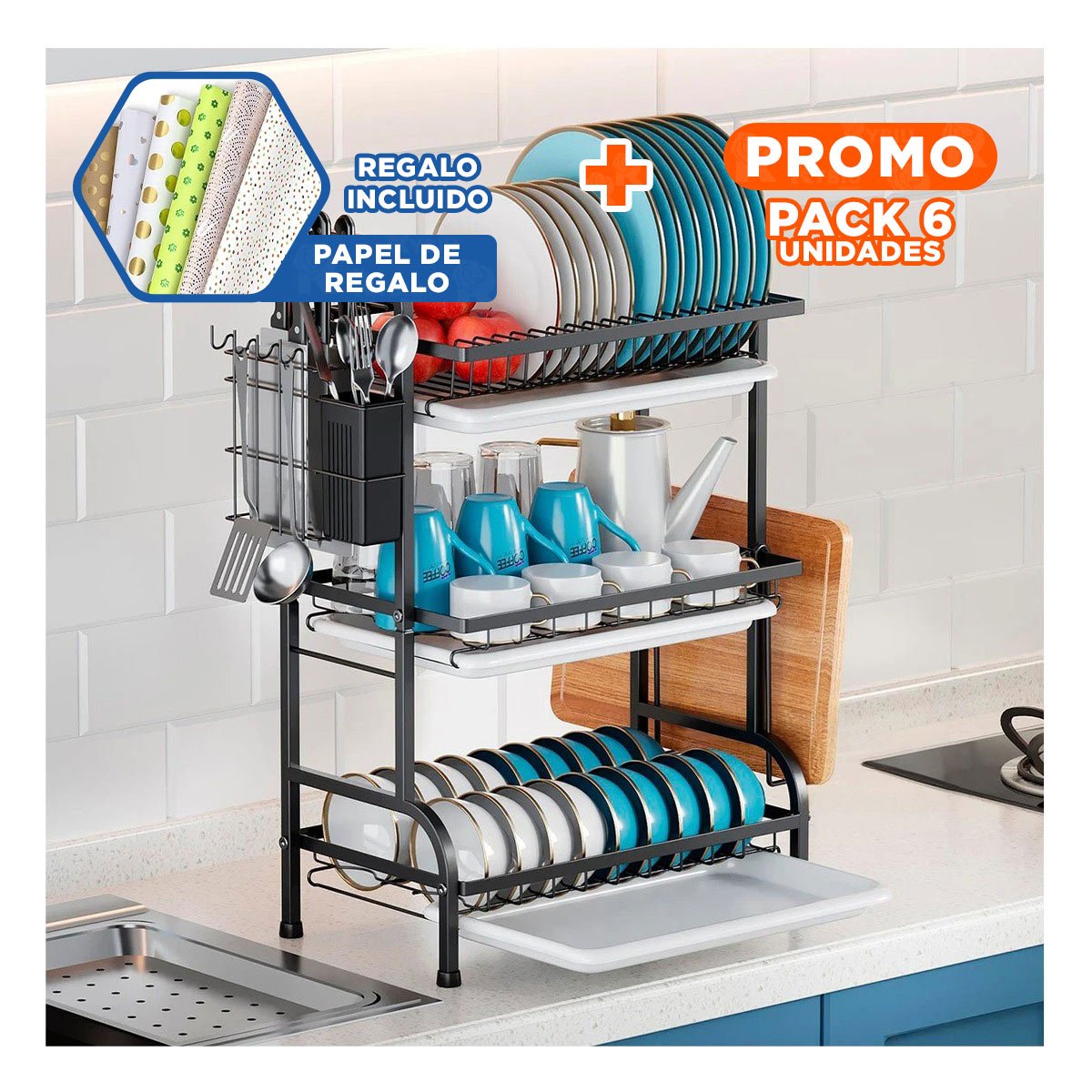 PACK6 SOPORTE DE PLATOS NEGRO CON DISTRIBUCION DE 3 NIVELES Y+PAPEL REGALO - 1