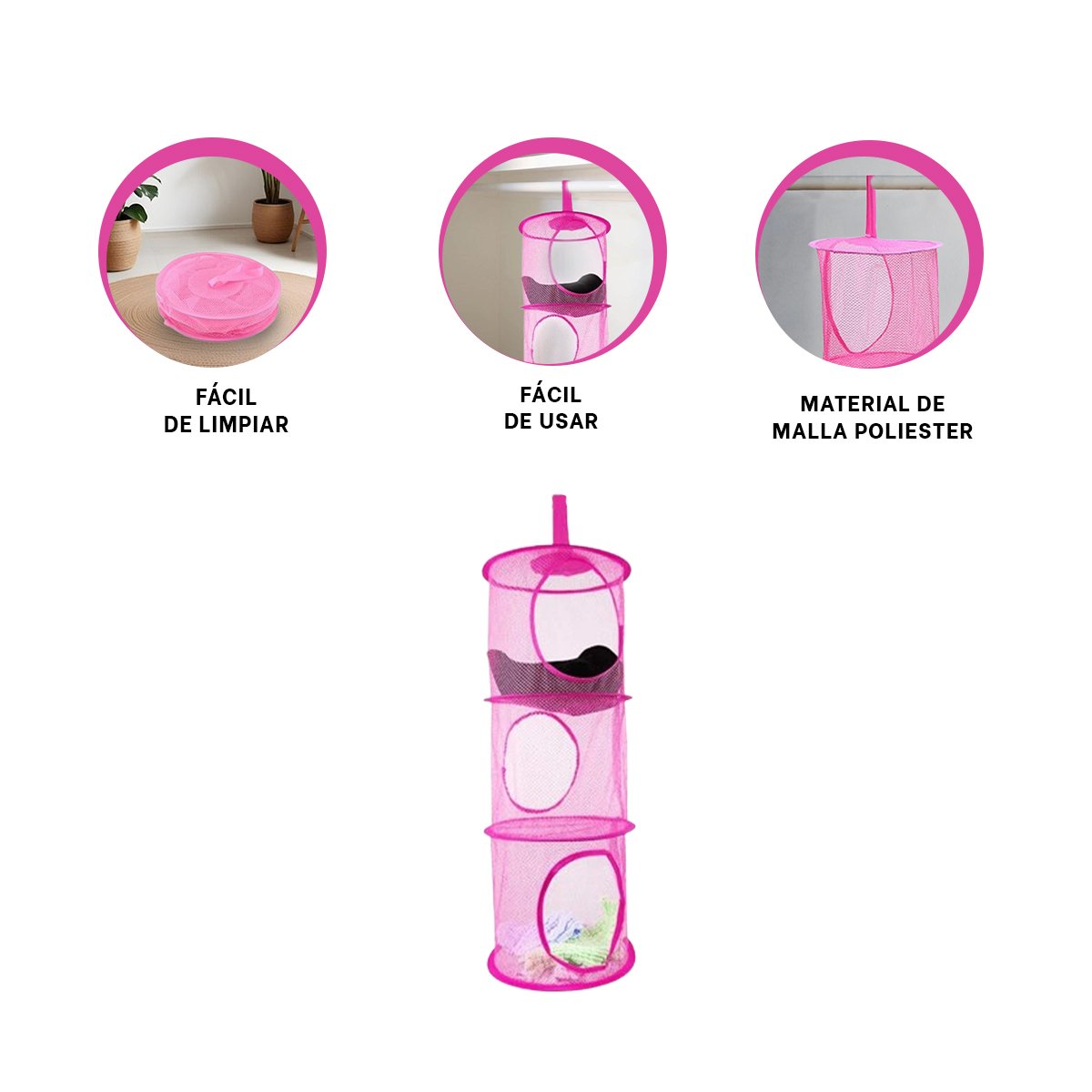 MALLA ORGANIZADORA COLGANTE 3 NIVELES FUCSIA PARA ORDEN EN HOGAR DIARIO - 3