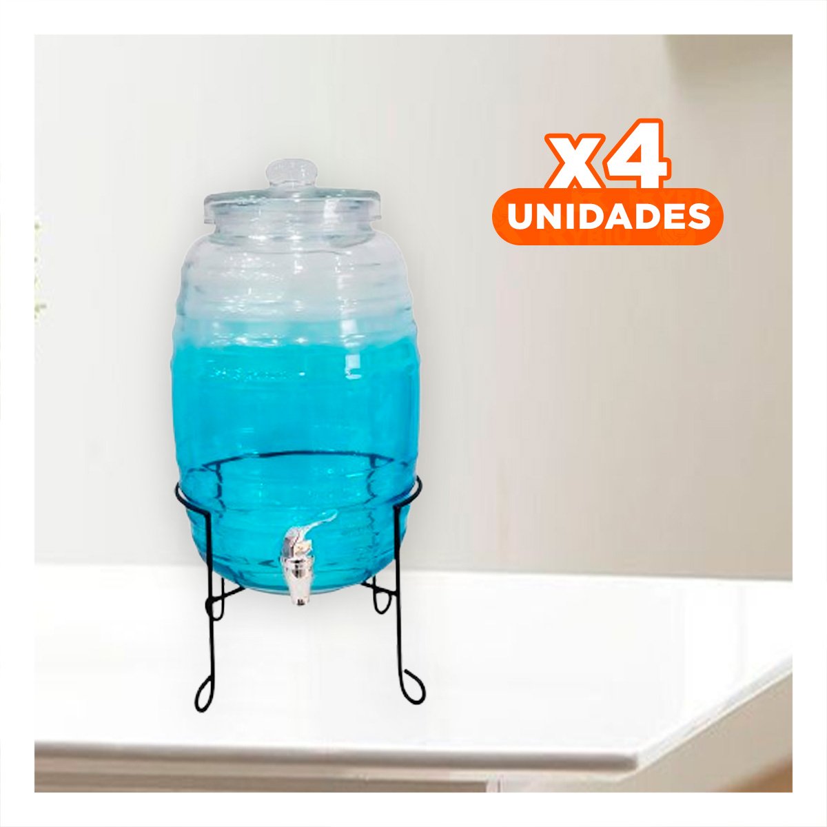 PACK4 UNIDAD DE BEBIDAS 10L CON BASE METALICA Y TAPA CHUPON TRANSPARENTE CELESTE - 1