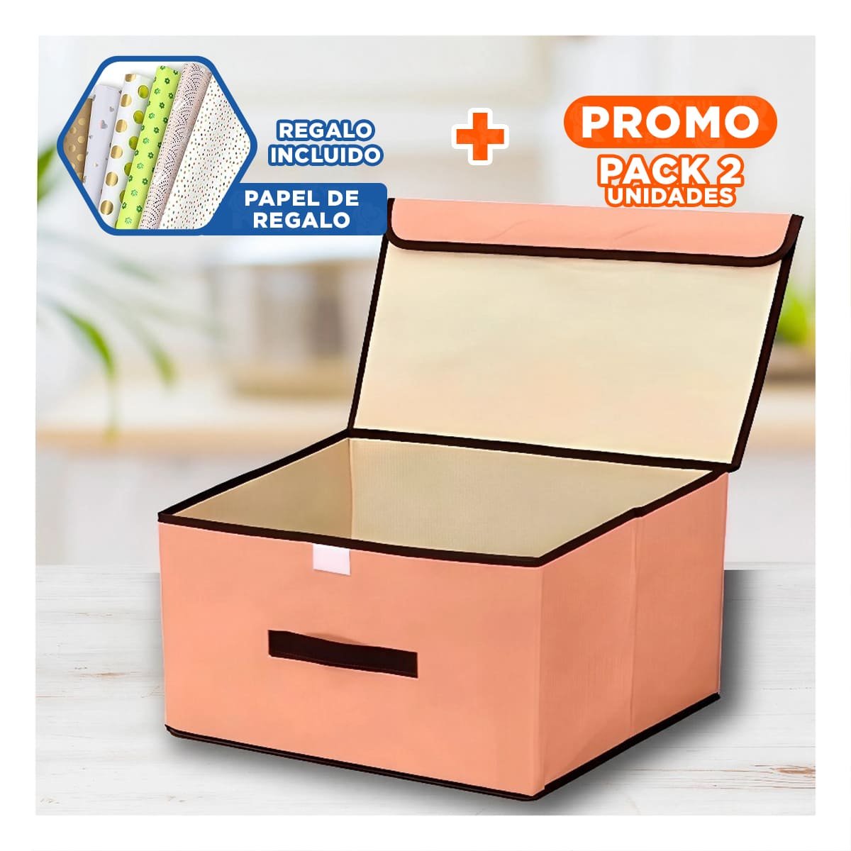 PACK2 CUBO DE ALMACENAJE DE TELA 25X19X16CM MOSTAZA CON BORDE MARRON PARA SALA Y+PAPEL REGALO - 1