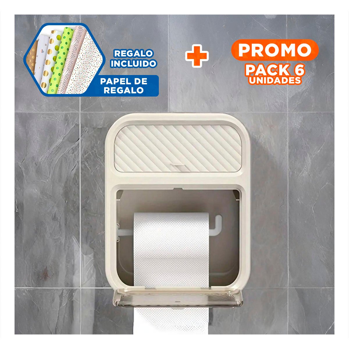 PACK6 GABINETE DISPENSADOR PAPEL HIGIENICO CON CAJON FORMATO BEIGE FUNCIONAL PRO YPAPEL REGALO - 1