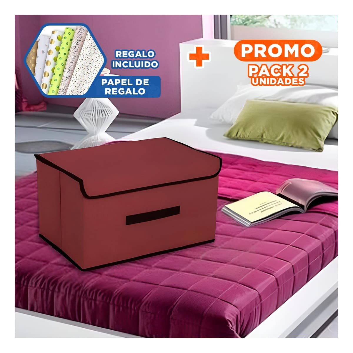 PACK2 CUBO DE ALMACENAJE DE TELA 36X24X23CM MARRON CON BORDE MARRON PARA SALA YPAPEL REGALO - 1