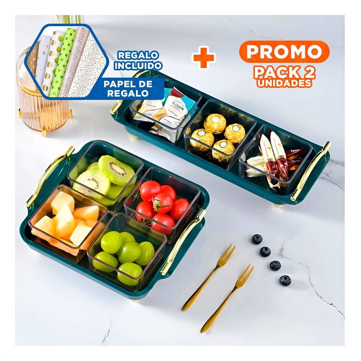 PACK2 COLECCION ELEGANTE 4 ORGANIZADORES CON BANDEJA VERDE DISENO MODERNO Y+PAPEL REGALO - 1