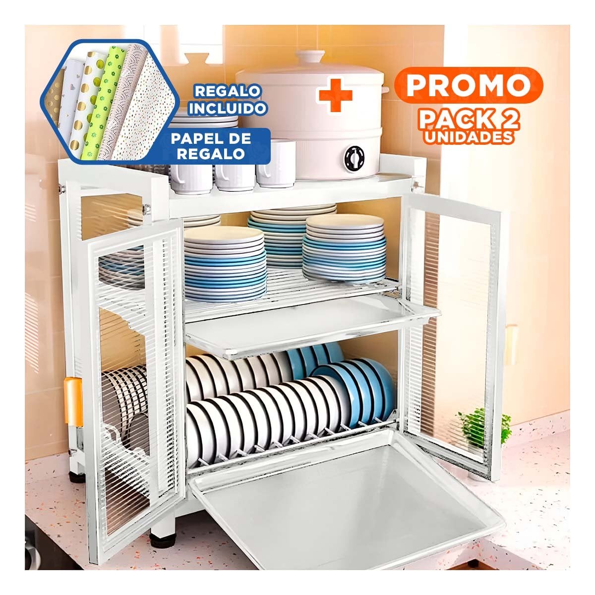 PACK2 ESCURRIDOR DE PLATOS CON PUERTAS Y BANDEJAS INTERIORES EN COLOR BLANCO Y+PAPEL REGALO - 1