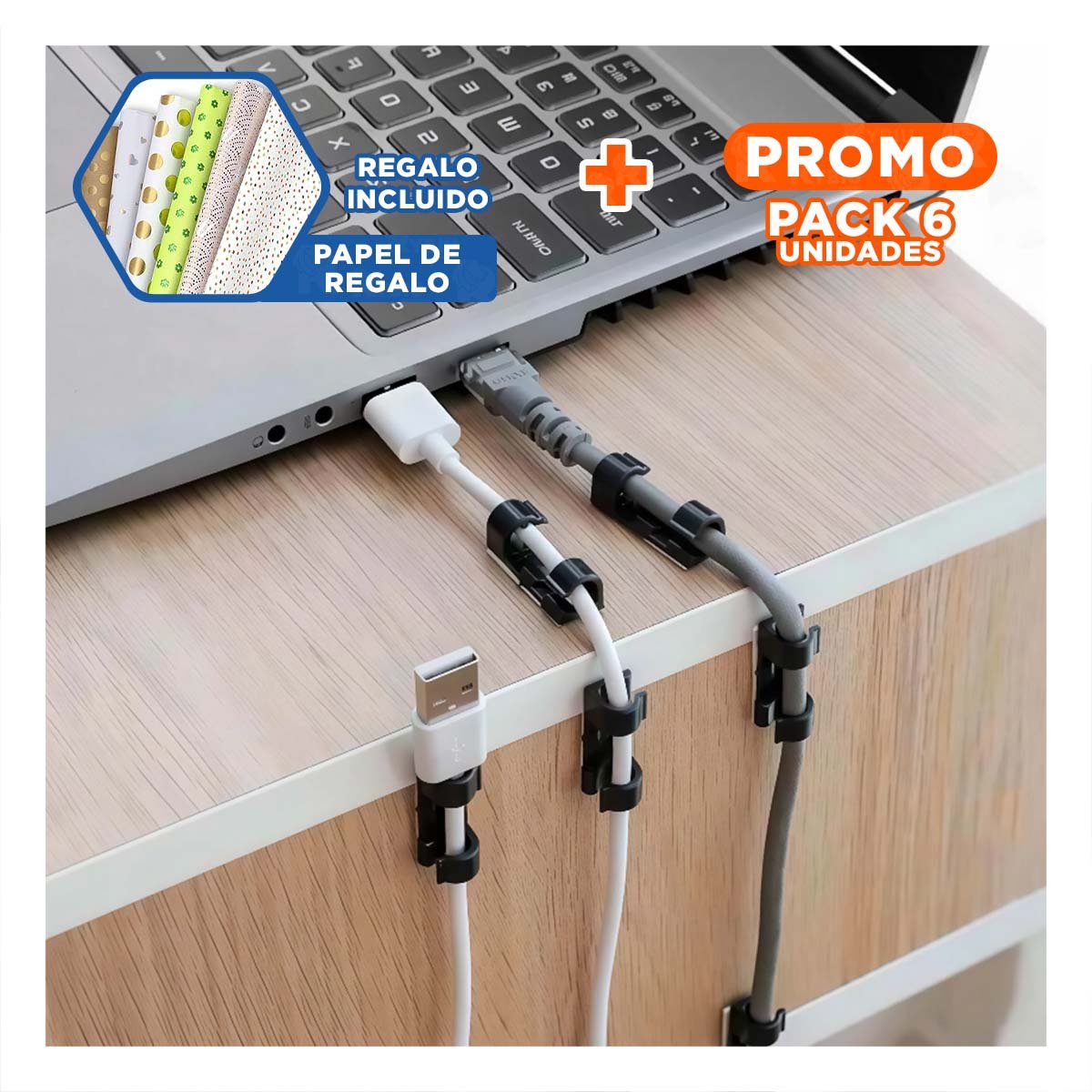 PACK6 SOPORTES ORGANIZADORES DE CABLES CON SET COLOR NEGRO 16 PIEZAS YPAPEL REGALO - 1