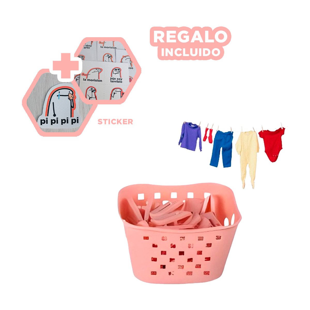 RECIPIENTE VERSATIL CUADRADO CON GANCHOS PARA ROPA ROSADO CLARO PARA CASA YREGALO STICKER - 1