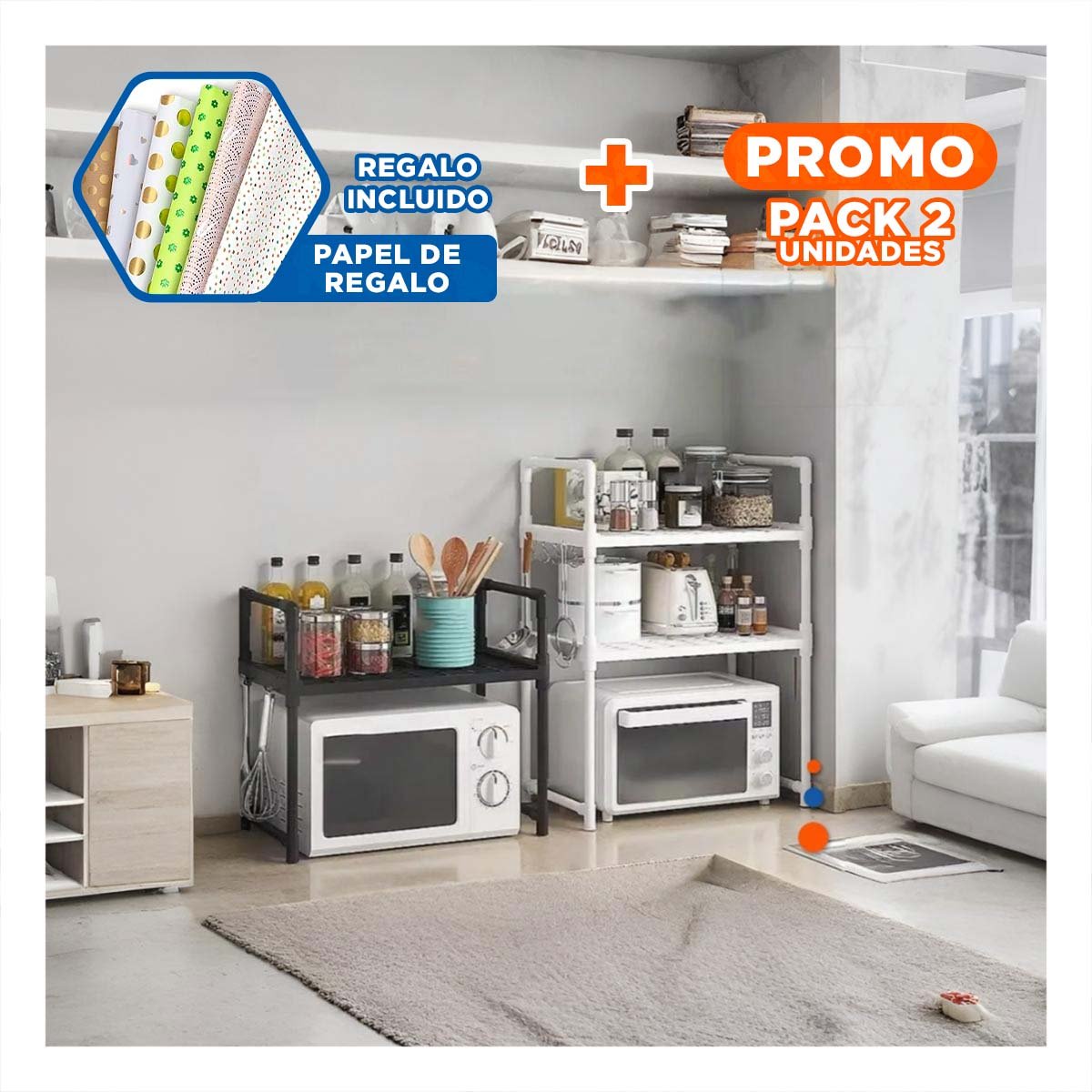 PACK2 MODULO ORGANIZADOR DE MICROONDAS CON ASAS 48X26X49CM NEGRO HOGAR EXTRA YPAPEL REGALO - 1